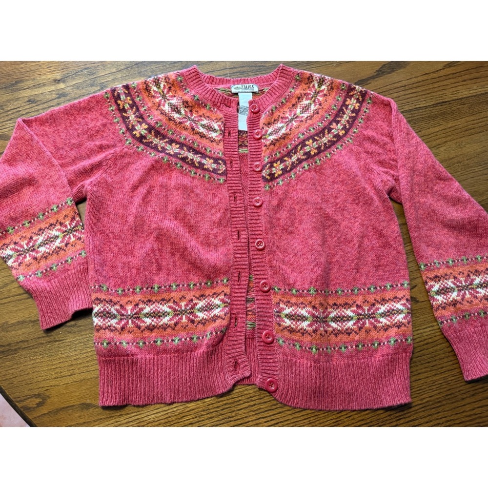 Tiara International Pink Fair Isle Cardigan Sweater Womens Large Ramie Cotton 04